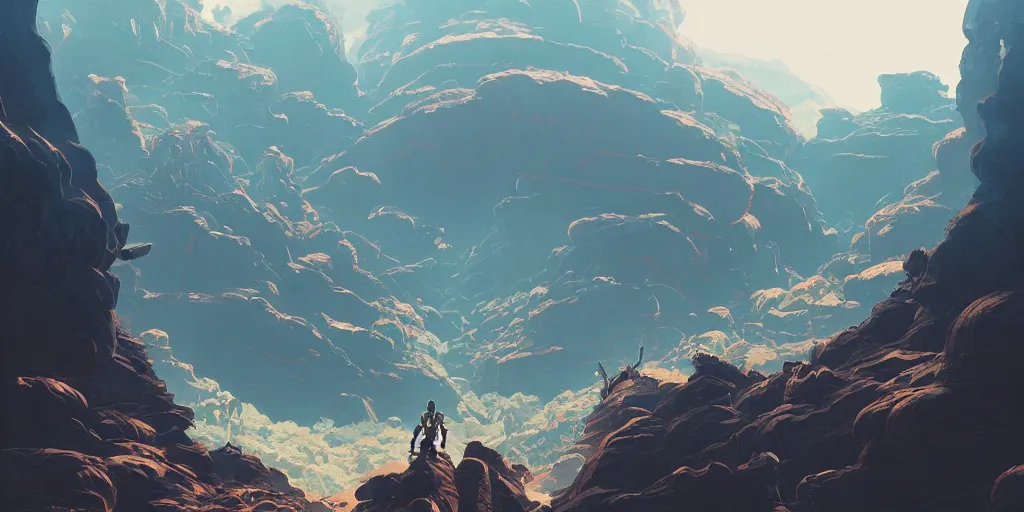 Image similar to an alien hostile volcanic canyon landscape, dynamic shadows, dynamic lighting, ilya kuvshinov, kyoani, hiroaki samura, yoshinari yoh, james jean, katsuhiro otomo, erik jones, cel shaded, anime poster, trending on artstation