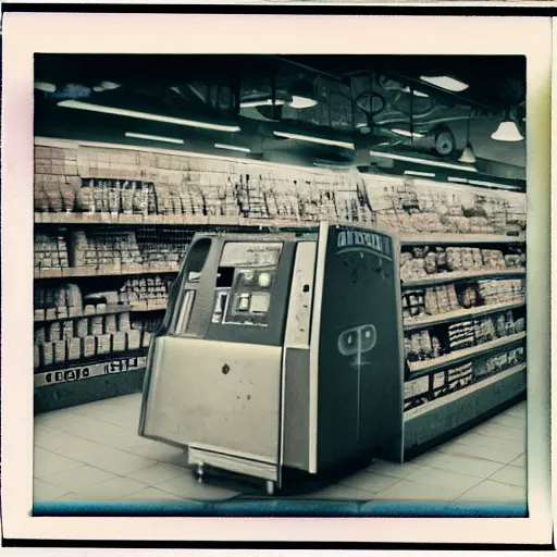 Image similar to Vintage Photograph of a futuristic time machine inside of a grocery store, shallow depth of field, awkward, out of place, polaroid 600 Color