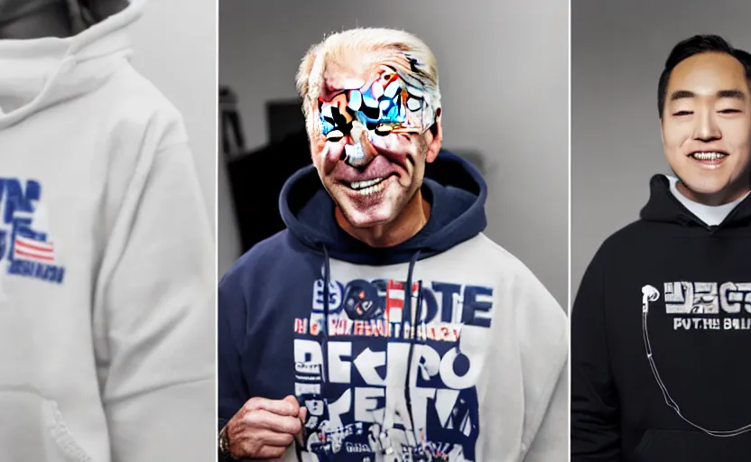 Image similar to a photo of joe biden using a bts k - pop hoodie, ultra detailed, studio photography