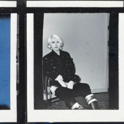 Image similar to Platinum-blonde-haired hime-cut blue-eyed French empress wearing white leggings, black jacket, boots, sitting in public housing apartment, Polaroid photo