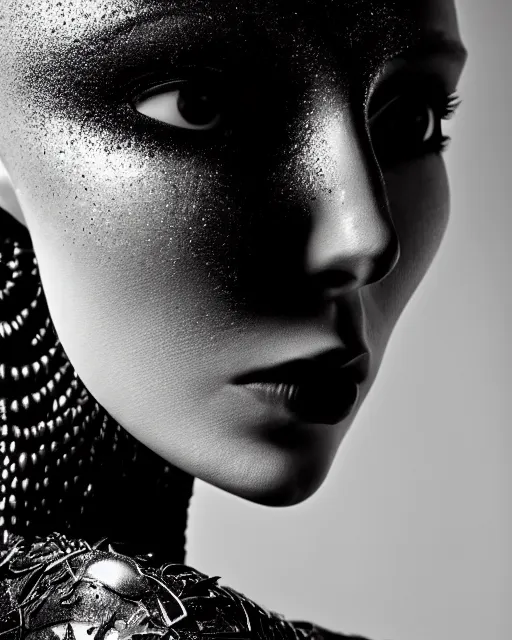 Prompt: a profile portrait, a stunning young woman - crow - cyborg, editorial photography, bw, shot on 7 0 mm, depth of field, f / 2. 8, high contrast, 1 6 k, volumetric lighting, shiny, insanely detailed and intricate, hypermaximalist, elegant, ornate, hyper realistic, super detailed