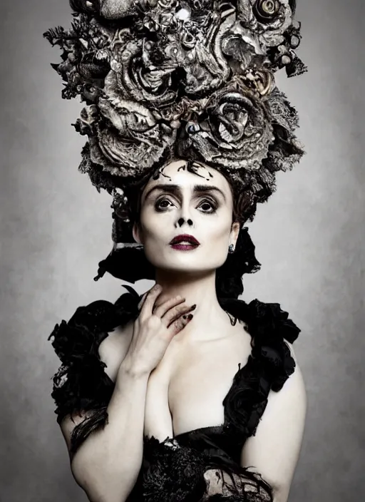 Prompt: a portrait of helena bonham carter by erwin olaf and nekro borja, photorealistic, intricate details, hyper realistic, dark fantasy, rococo onyx headpiece, crystals, photorealistic, canon r 3, photography, symmetrical features, symmetrical pose, wide angle shot, head to toe, standing pose, feet on the ground,