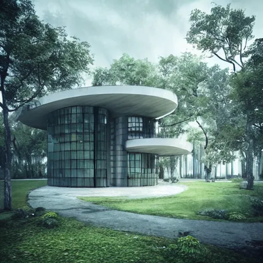 Prompt: mansion in the forest, concept art, daylight, walls, curved walls design, multi store building, huge building, windows, photorealistic, modern architecture, pinterest, render, unreal engine, exterior