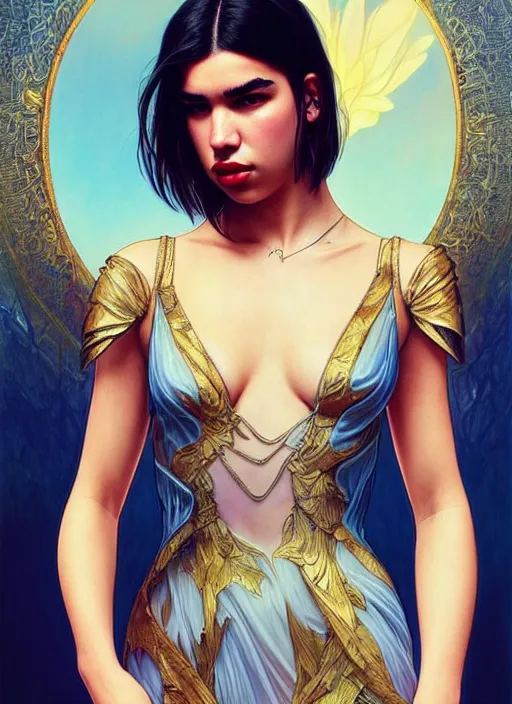 Image similar to dua lipa, wearing a semi transparent dress, deep focus, d & d, fantasy, intricate, elegant, highly detailed, digital painting, artstation, concept art, matte, sharp focus, illustration, hearthstone, art by artgerm and greg rutkowski and alphonse mucha