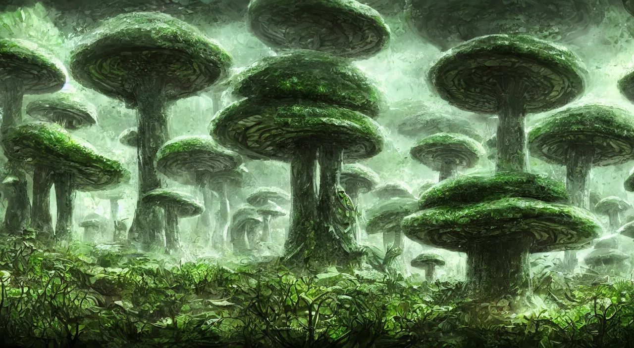 Prompt: a futuristic mushroom city, stone and jungle vegetation, green and white mushrooms, fantasy painting, concept art, illustration