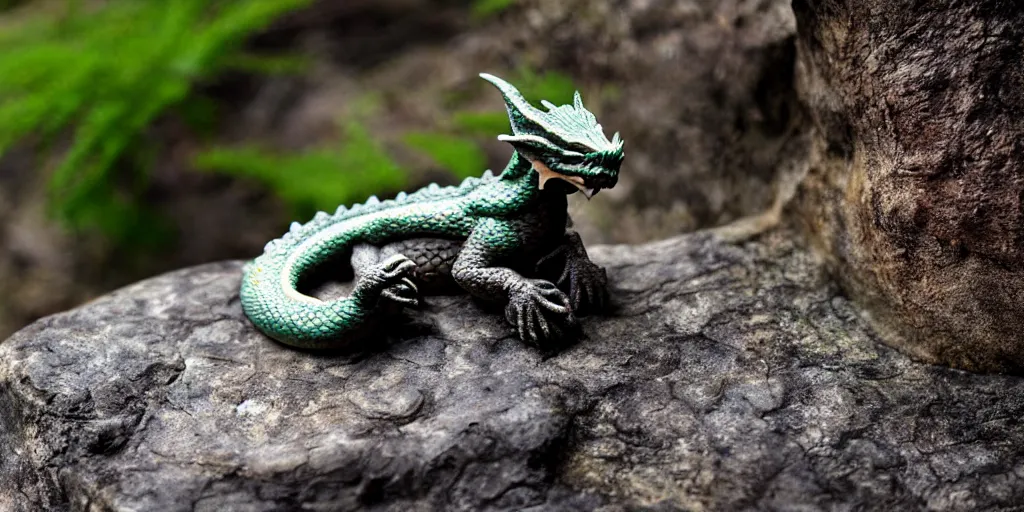 Image similar to A small dragon sitting on a rock, woodland creek, realistic.