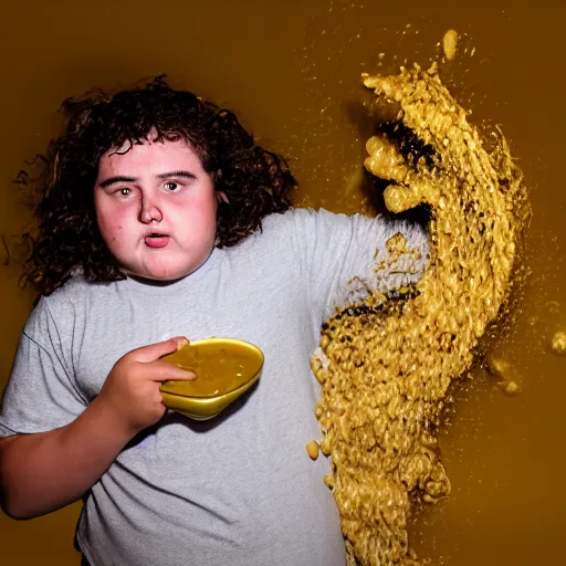 Prompt: flash photography of chubby 18 year old teenage boy with long curly brown hair puking. He is covered in soup. Disgusting horrible mess