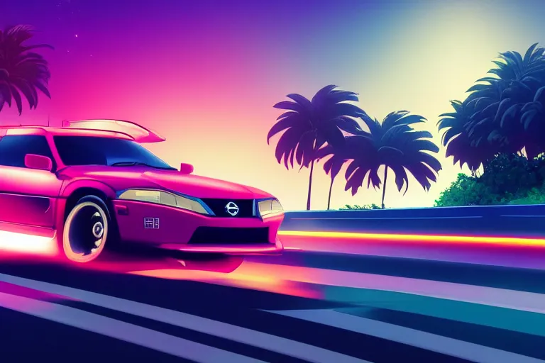 Prompt: render of a nissan driving along the coast highway, synthwave, outrun, 8 0 s, stylistic, neon, palms, 8 k wallpaper, digital art, trending on artstation