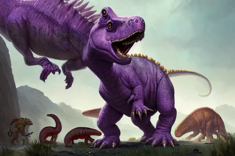 Prompt: barney the purple dinosaur, in a prehistoric landscape, surrounded by larger predatory dinosaurs, tyrannosaurus, fantasy art, barney and friends, greg rutkowski, concept art, highly detailed, artstation, artgerm, behance, cgsociety, natural history