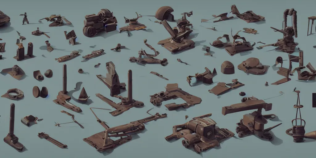 Image similar to collection of exploration of form and shapes, props, hard surface, panel, simon stalenhag, kitbash, items, gadget, big medium small, close up