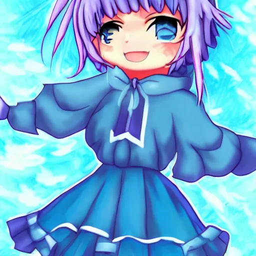 Prompt: Cirno in her original clothing by Touhou fanartist