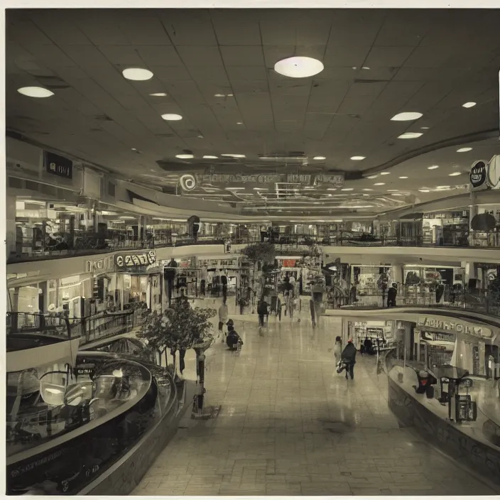 Prompt: unsettling polaroid of a retro mall, deep depth of field. highly detailed, hyper realism, hd, 4 k