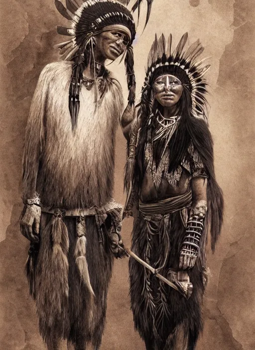 Image similar to two indigenous people standing side by side, fantasy art, highly detailed, matte painting