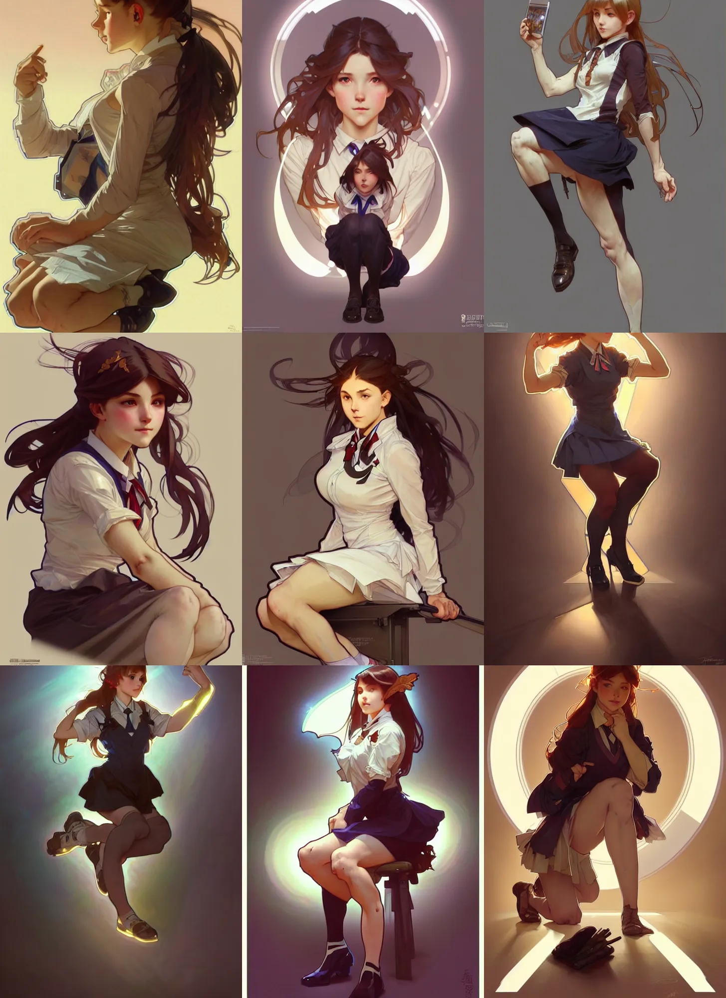 Image similar to a digital concept art by artgerm and greg rutkowski and alphonse mucha. clear portrait of a squatting attractive school girl in uniform!! sit on heels!! light effect. hyper detailed, character concept, glowing lights!! intricate, elegant, digital painting, artstation, smooth, sharp focus