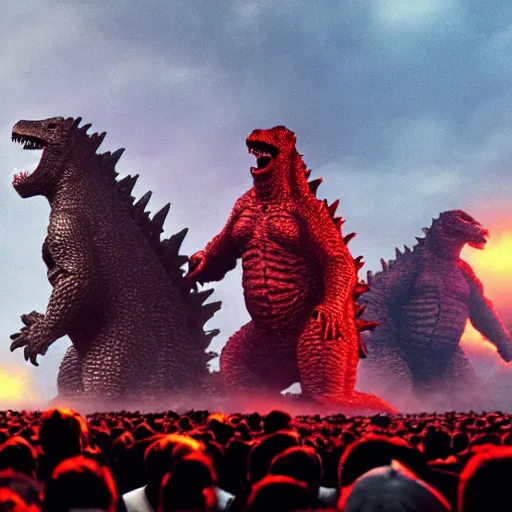 Image similar to army of godzilla on stage