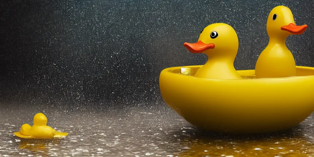 Image similar to An Epic yellow rubber duck bathtub battle, realistic 4k octane beautifully detailed render, 4k post-processing, highly detailed, intricate complexity, epic composition, magical atmosphere, cinematic lighting, masterpiece, ultra hd