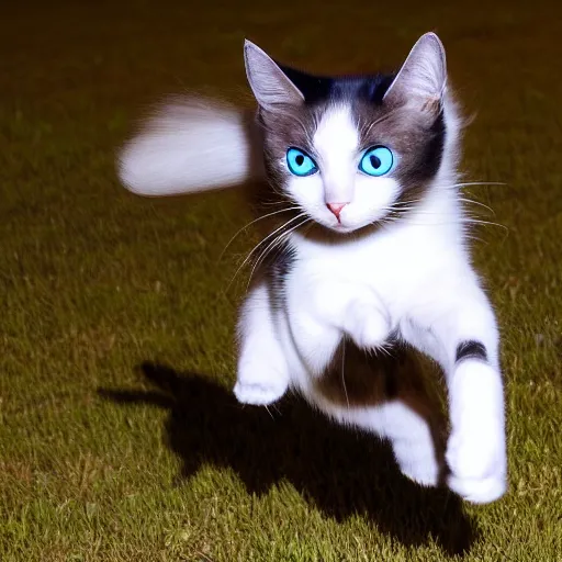 Prompt: photo of hyperspeed flying through space, siamese snowshoe cat running fast with motion blur