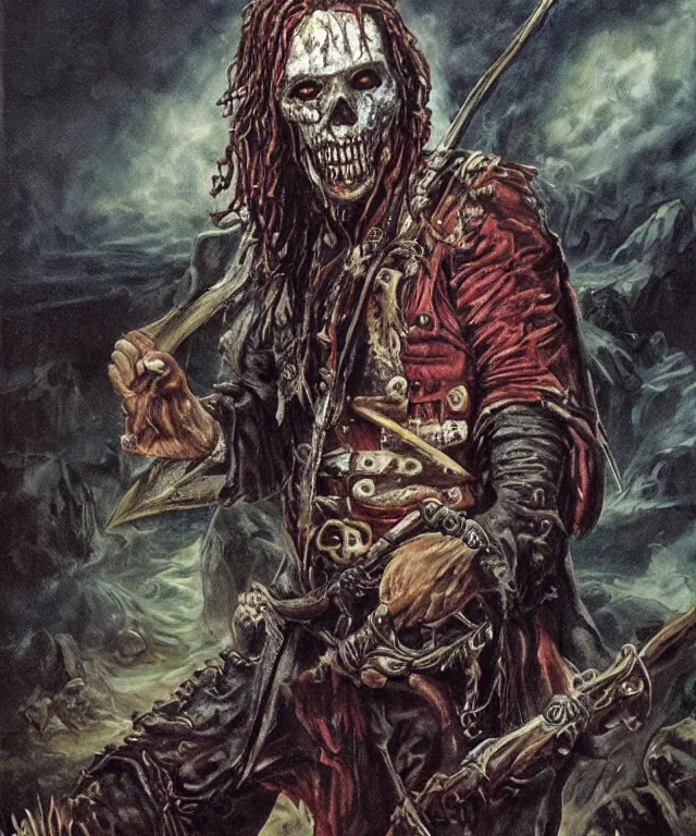 Image similar to ultra realistic color portrait painting of an undead 1 7 th century pirate with a sword in a grotto, dark, painted, brooding, atmospheric, seascape, horror, smooth, epic, highly detailed, cinematic, by larry elmore