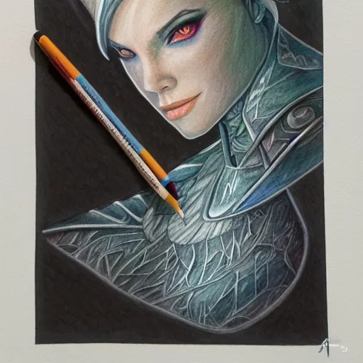 Image similar to Colored pencil art on paper, Frost Mage, highly detailed, artstation, Caran d'Ache Luminance