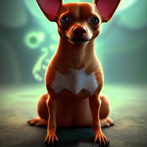 Image similar to a human chihuahua living in an extradimensional reality where it is a god, in the style of wlop, illustration, epic, fantasy, hyper detailed, smooth, unreal engine, sharp focus, ray tracing, physically based rendering, renderman, beautiful