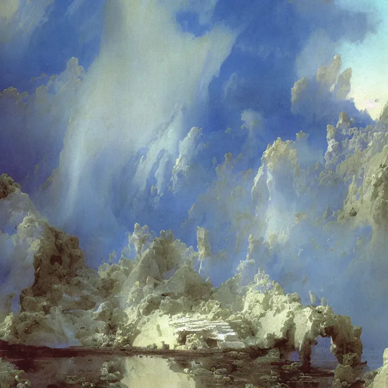 Prompt: gardens of marble draped in flowing sheets of cobalt blue duchesse satin, by ivan aivazovsky and syd mead and moebius and gaston bussiere and roger dean and wojciech siudmak and pieter claesz and paul delaroche and alma tadema and aelbert cuyp and willem claesz, hyperrealistic, volumetric light