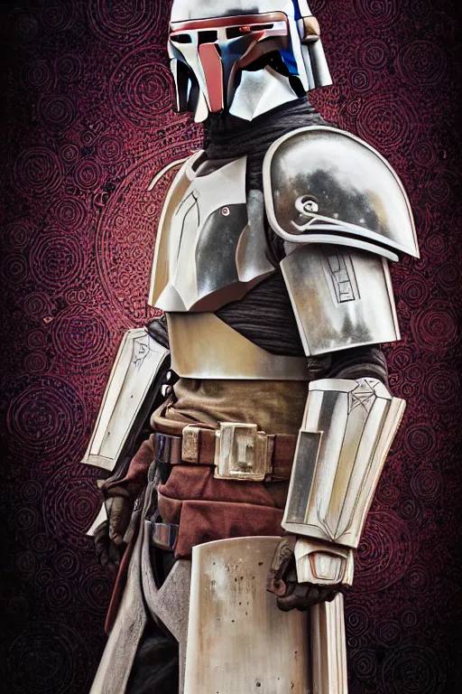 Prompt: beautiful luxury and victorian and elite and holy Mandalorian medieval white armor knight warrior portrait, desert dunes, sunset clouds, sun glowing behind head, art and illustration by tian zi and craig mullins and WLOP and alphonse mucha, ssci-fi, fantasy, intricate complexity, human structure, hypermaximalist, fantasy character concept, dynamic lighting, neon light, watermark, blurry, hyperrealism 8k