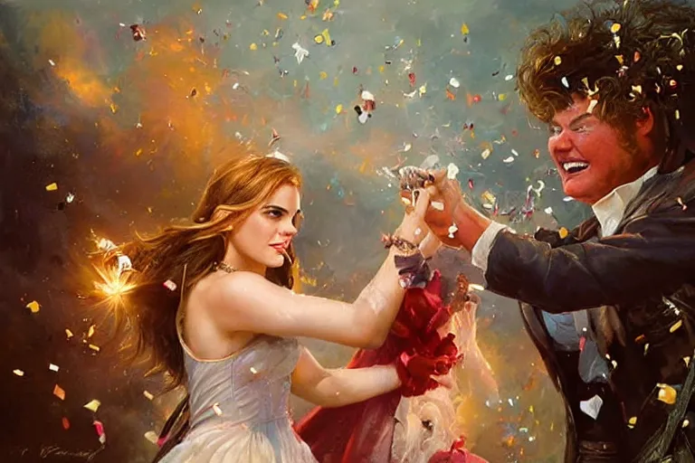 Image similar to portrait of rip taylor throwing confetti at an upset emma watson, an oil painting by ross tran and thomas kincade