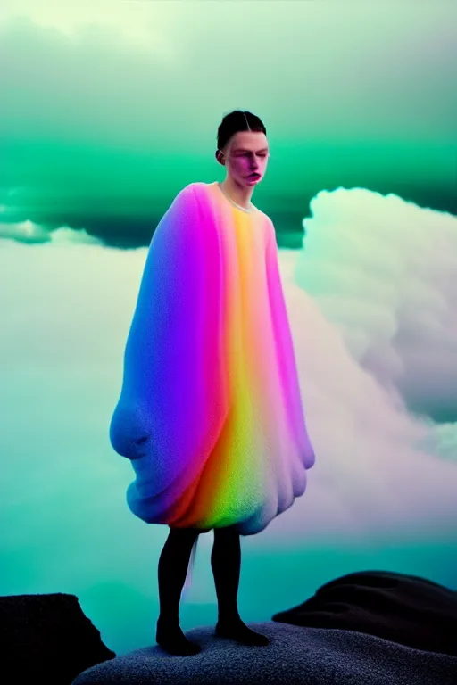 Image similar to high quality pastel coloured film close up wide angle photograph of a model wearing clothing resting on cloud furniture in a icelandic black rock!! environment in a partially haze filled dreamstate world. three point light, rainbow. photographic production. art directed. pastel colours. volumetric clouds. pastel gradient overlay. waves glitch artefacts. extreme facial clarity. 8 k. filmic.