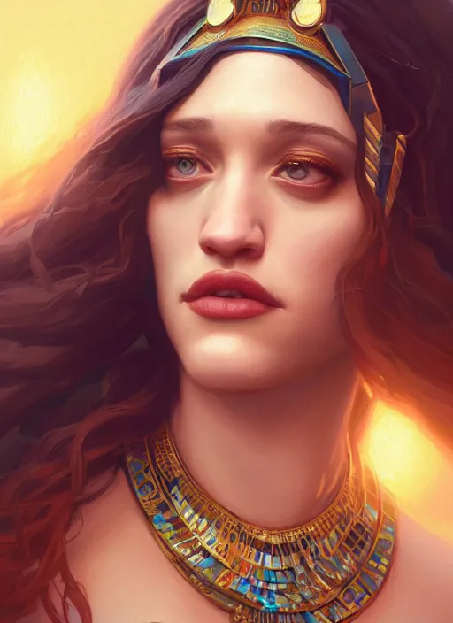 Image similar to Highly detailed portrait of Kat Dennings, as an Egyptian goddess, Stephen Bliss, unreal engine, fantasy art by Greg Rutkowski, Loish, Rhads, ferdinand knab, Makoto Shinkai and Lois van baarle, ilya kuvshinov, rossdraws, Tom Bagshaw, global illumination, detailed and intricate environment