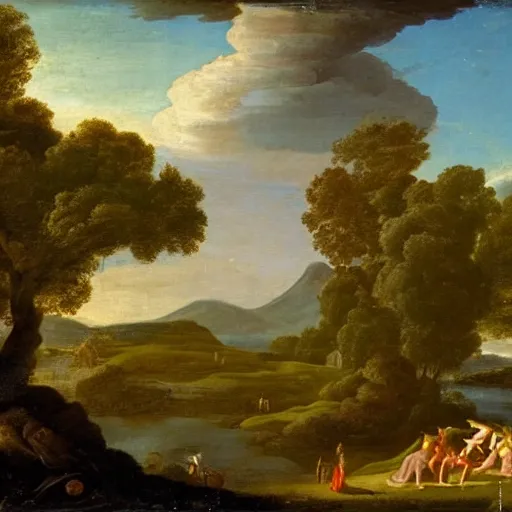 Prompt: a volcano seething, ethereal landscape, elves, fauns, musicians, claude lorrain pastoral landscape