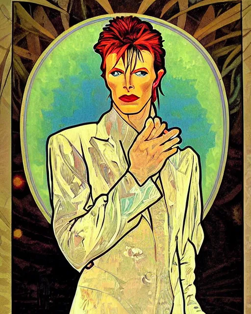 Image similar to a portrait painting of ( ( ( david bowie ) ) ) in the style of alphonse mucha!!!