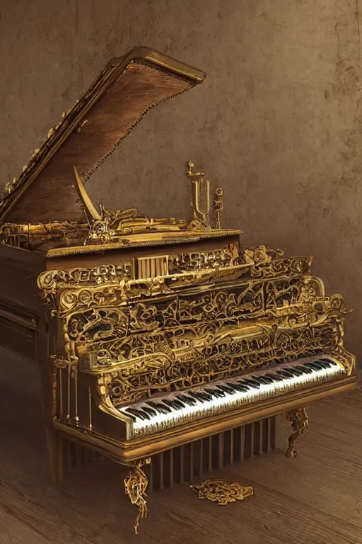 Prompt: Steampunk harpsichord, Artstation, photorealistic