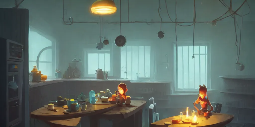 Prompt: cute solitary kitchen dim lit by a candle ripped physique simon stalenhag gerald brom bastien grivet by greg rutkowski, game background, fisheye lens, high angle view, 5 point view