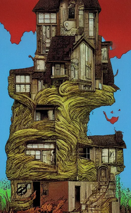 Image similar to an abstract whimsical house, by richard corben. pulp horror art, comic book art