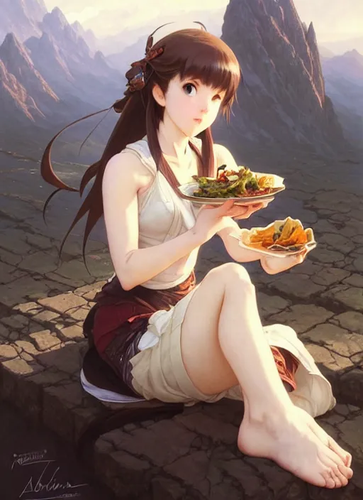 Image similar to concept art by artgerm, cute anime girl eating her dinner, cold natural light, intricate, elegant, highly detailed, mountain background with houses and river, digital painting, artstation, concept art, smooth, sharp focus, illustration, art by greg rutkowski and alphonse mucha and uang guangjian and gil elvgren, symmetry!!