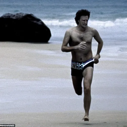 Image similar to Trump stars in Baywatch, running down beach 1980s