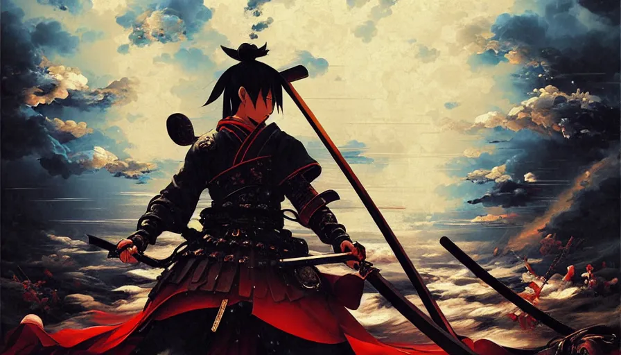 Image similar to baroque oil painting of key visual great samurai war, many warriors, rain, storm, final fantasy, fake detail, trending pixiv fanbox, acrylic palette knife, style of makoto shinkai takashi takeuchi yoshiyuki sadamoto greg rutkowski chiho aoshima