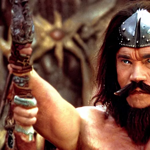 Prompt: conan the barbarian but he has a big moustache and he's at the opera
