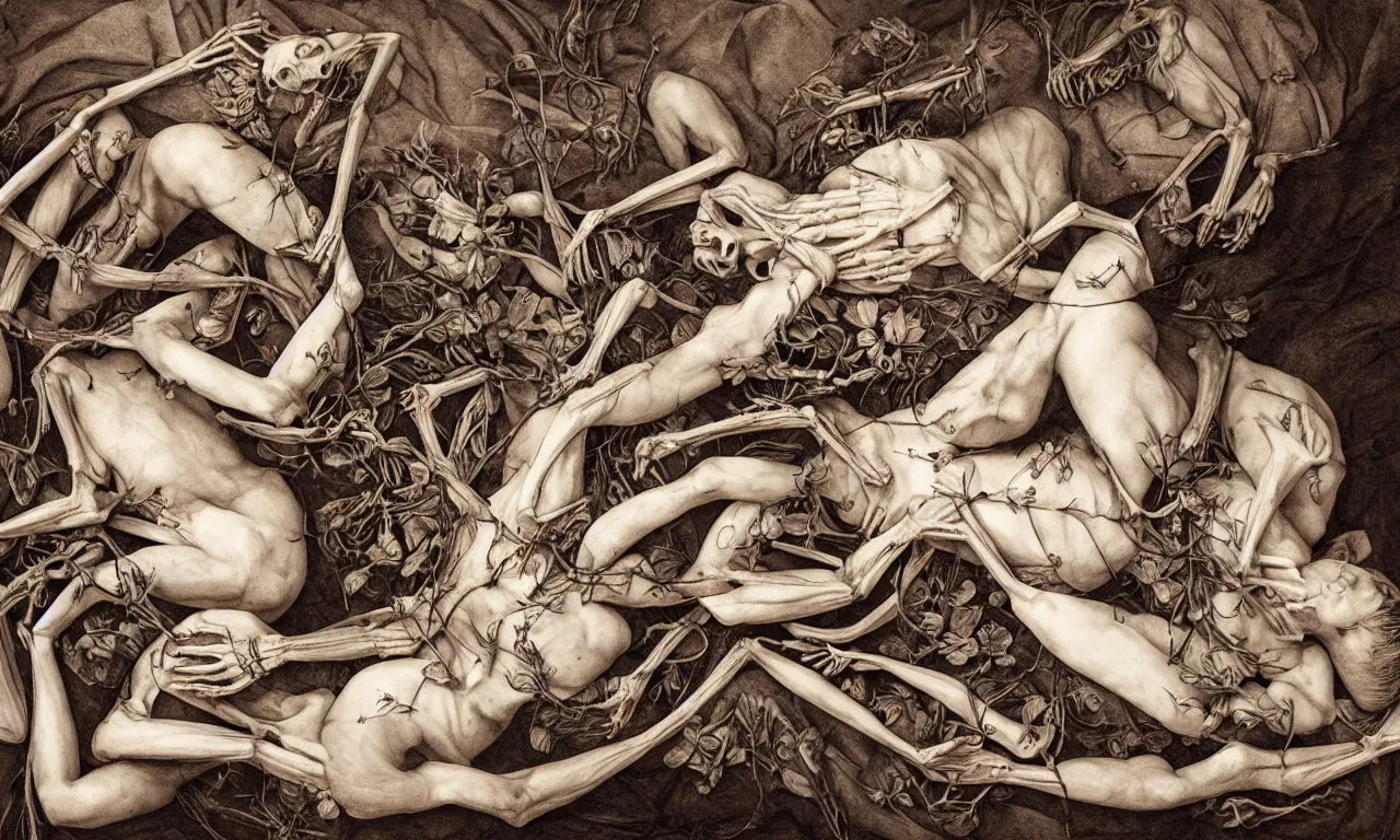 Image similar to intertwined bodies lying on a bed feeling an existential dread of love, HD Mixed media, highly detailed and intricate, skeletal, botany, surreal illustration in the style of Caravaggio, baroque dark art