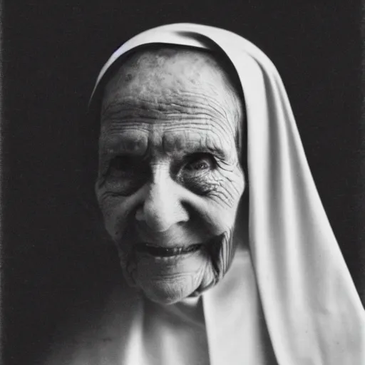 Image similar to antique black and white photograph of an old evil catholic nun, studio lighting, 1 8 7 6, shorpy, hyper detailed