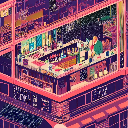 Prompt: isometric view illustration of a very lively bar neighborhood , highly detailed, end of the day, by Victo Ngai and James Gilleard , Mumford Dan, Pennington Bruce