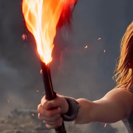 Image similar to Emma Watson on walking through fire, Action movie pyrotechnics shot, 8k UHD, studio photography, high quality, high detail, stunning lighting