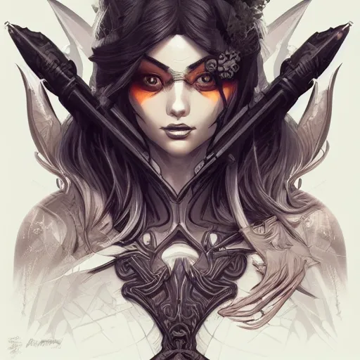 Image similar to evil hero infernal sniper, heroine, beautiful, detailed symmetrical close - up portrait, intricate complexity, in the style of artgerm and peter mohrbacher, cel - shaded