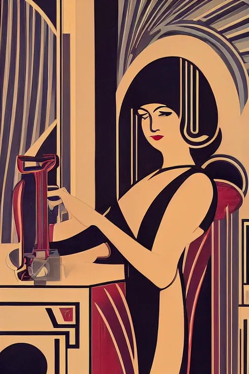 Prompt: a detailed artdeco woman in an art deco style room