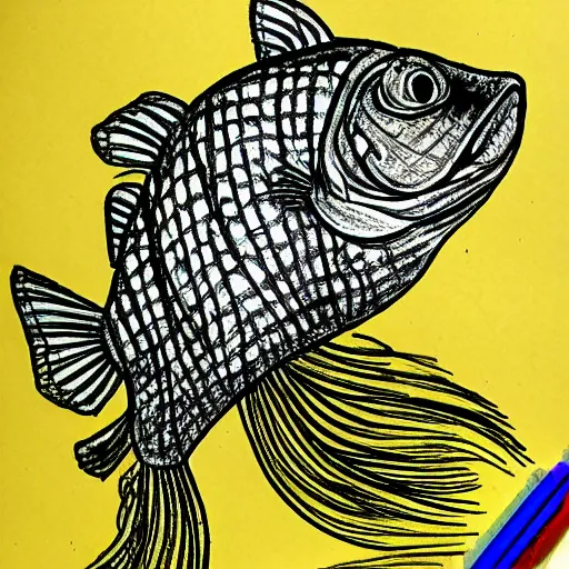 Image similar to drawing of a goldfish drawn in the style of q hayashida