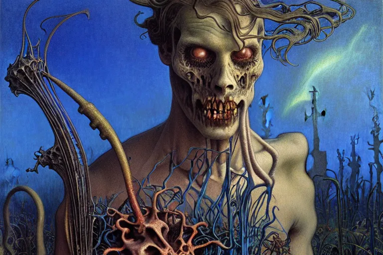 Image similar to realistic detailed portrait painting of a male zombie, nightly graveyard landscape background by Jean Delville, Amano, Yves Tanguy, Alphonse Mucha, Ernst Haeckel, Edward Robert Hughes, Roger Dean, masterpiece, cinematic composition, dramatic pose, 4k details, rich moody colours, blue eyes