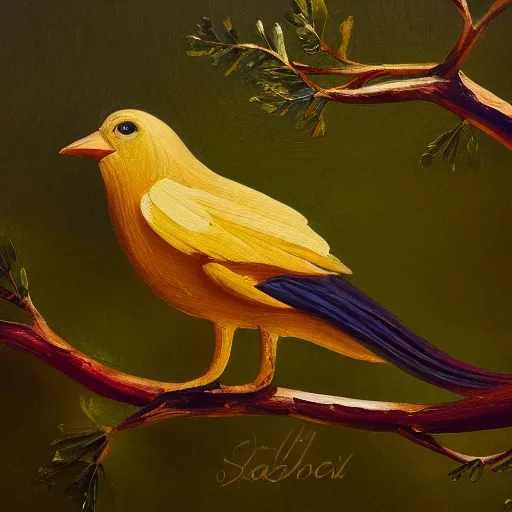 Image similar to A beautiful and elegant oil painting of a golden bird in a tree, 50mm lens, studio lighting, oil painting, matte, no blur, close up, 4k, by Sandro Boticceli