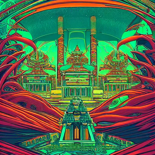 Prompt: highly detailed illustration of a temple on a strange planet, featured in juxtapoz magazine, featured in behance, by kilian eng, by thomas rome