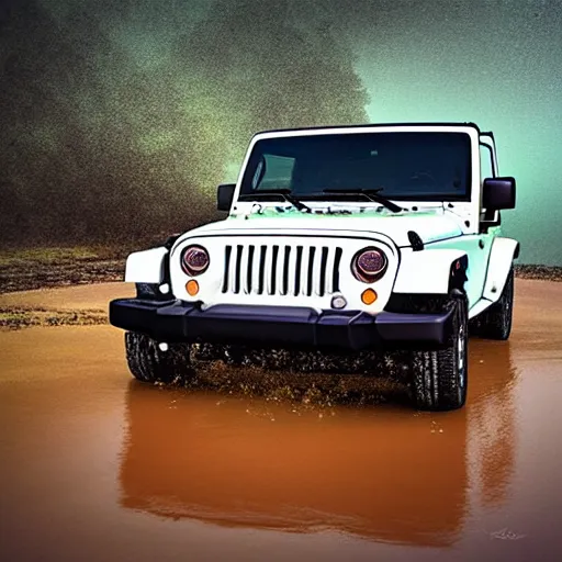 Image similar to digital art of a 1997 hardtop white Jeep Wrangler drowning in quicksand, beautiful iridescent fog swallows the dirty swamp, gritty, Venom liquid grabs at the Jeep, cinematic, extraordinary colorful landscape, photorealistic, soft vintage glow