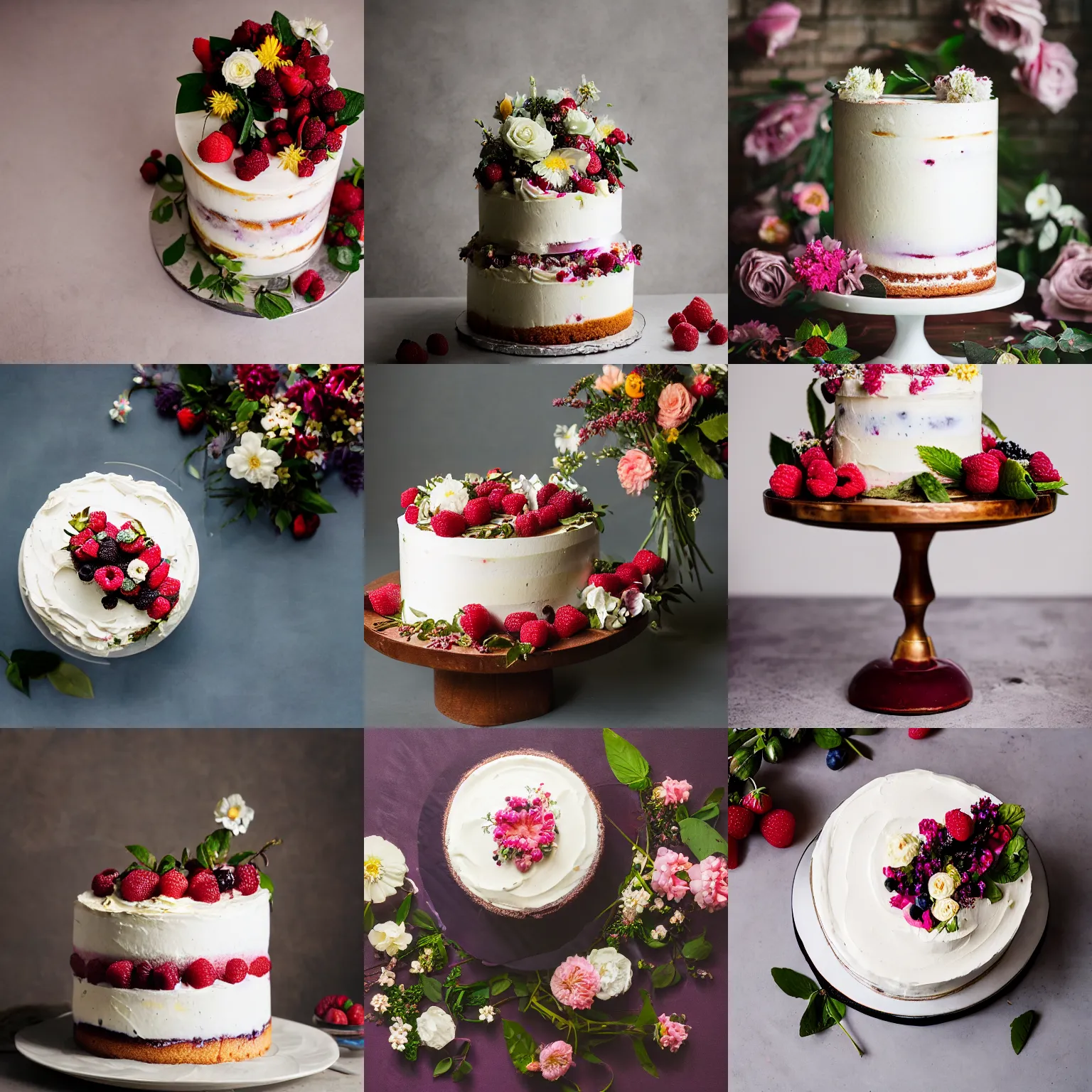 Prompt: long shot, kodak portra, 8 k, prana, anatomy, studio light, studio photo of a berry chantilly cake with mascarpone cream and fresh flowers decor